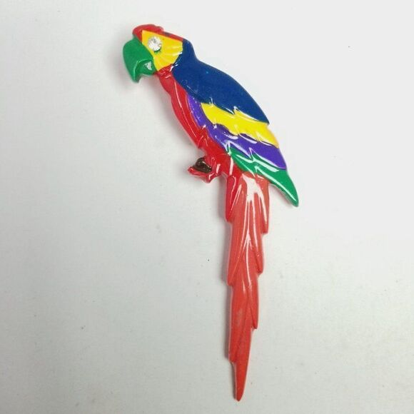 Vintage Giant Macaw Parrot Brooch, Rainbow Colorful Painted Bird Lapel Pin - Picture 2 of 7